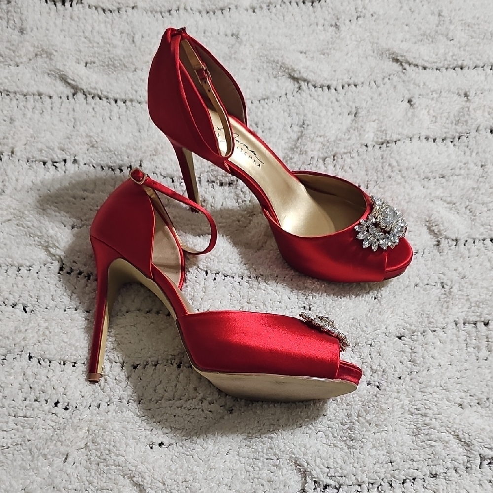 Badgley Mischka Red Satin Heels with Crystal Accents - Picture 3 of 6